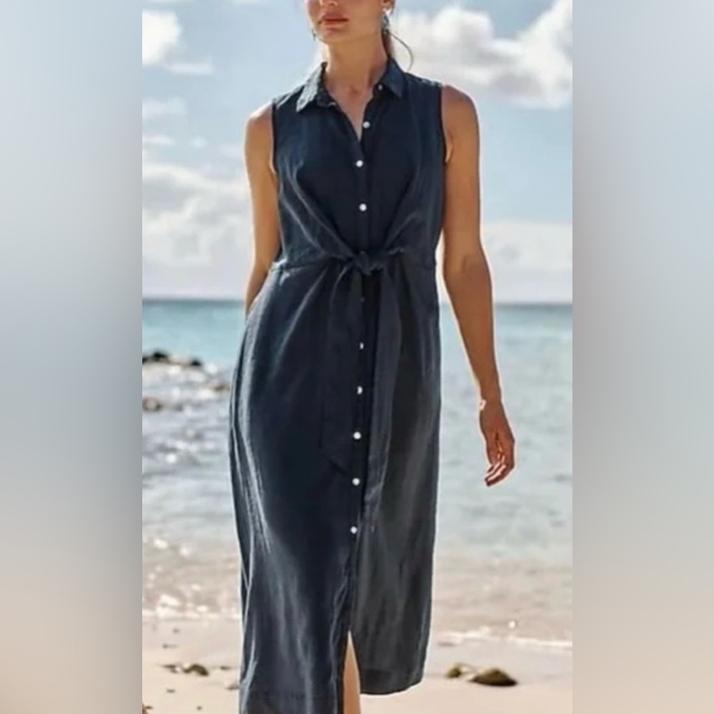 J Jill Love Linen Tie-Front Minimalist Shirtdress in Navy, Large Petite, Beachy